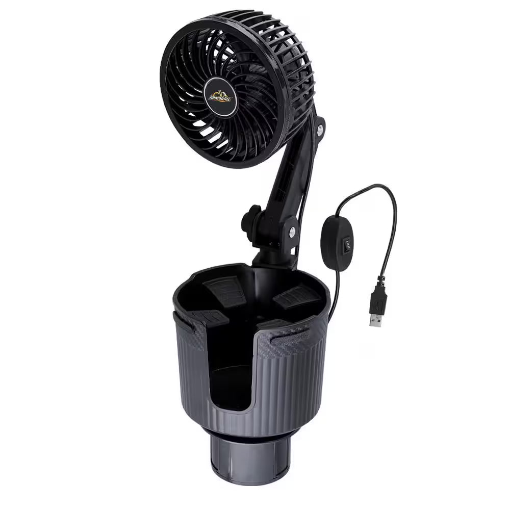 2-In-1 XL Car Fan Cupholder and Mini 2-Speed Cooling Fan, USB a Powered