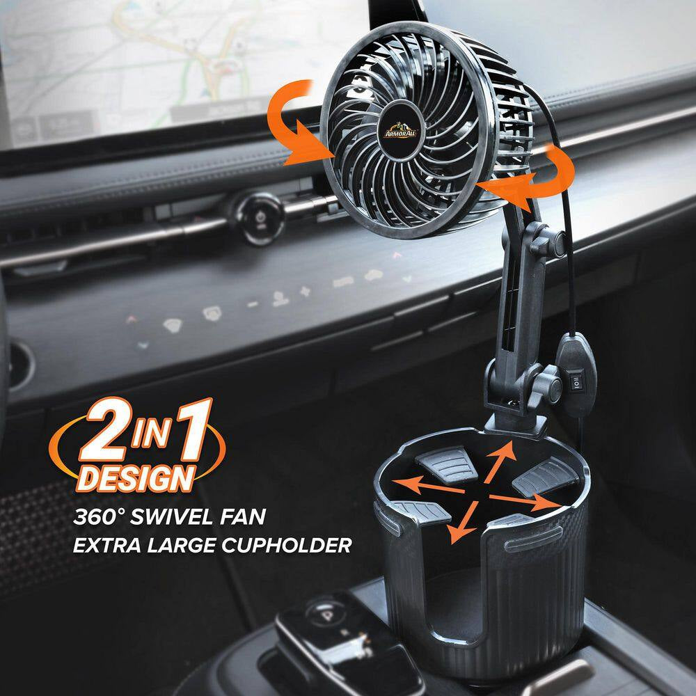2-In-1 XL Car Fan Cupholder and Mini 2-Speed Cooling Fan, USB a Powered
