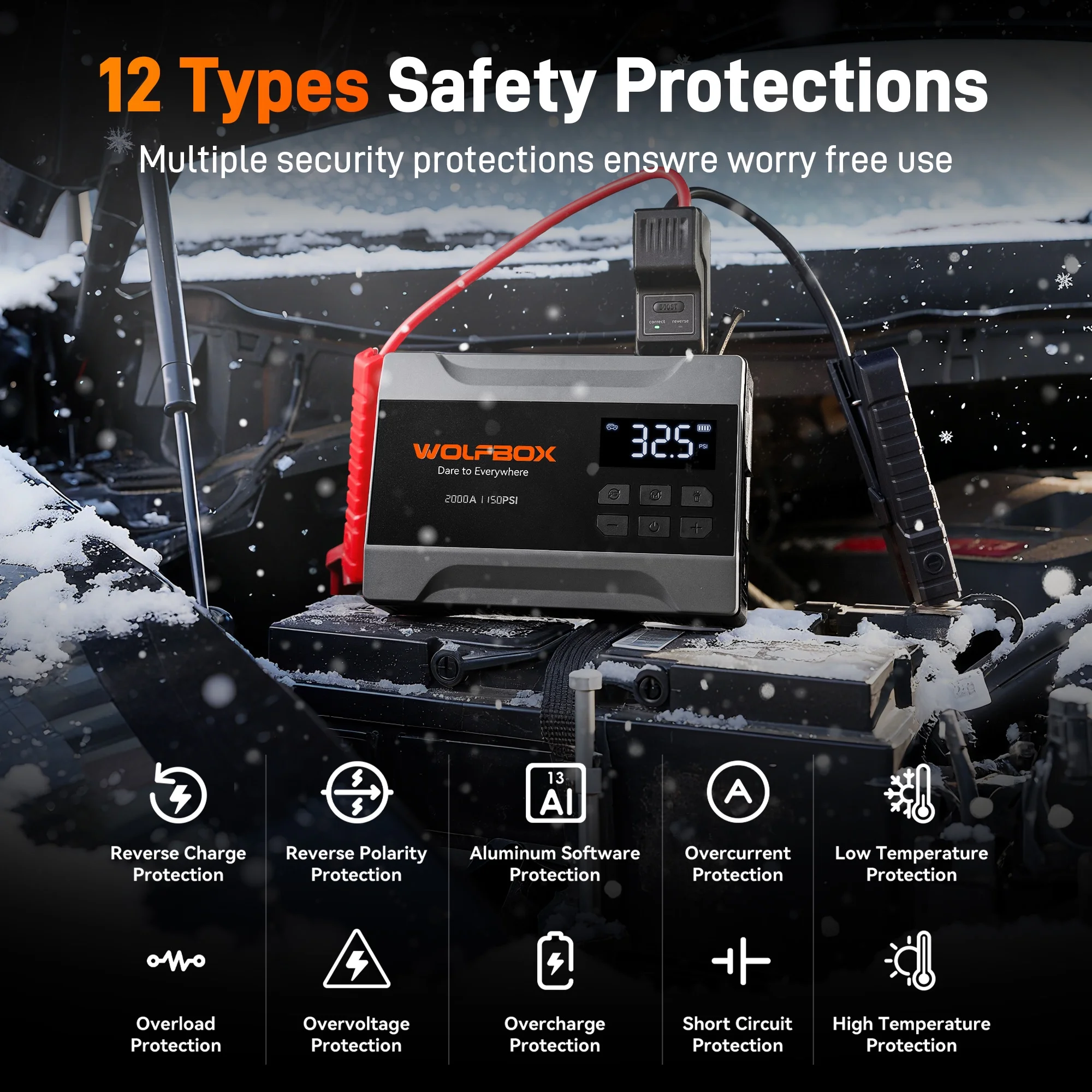 Car Jump Starter with Air Compressor, 2000A 150PSI Portable Car Battery Jump Box(5.0L Gas) with Digital Tire Inflator, 12V