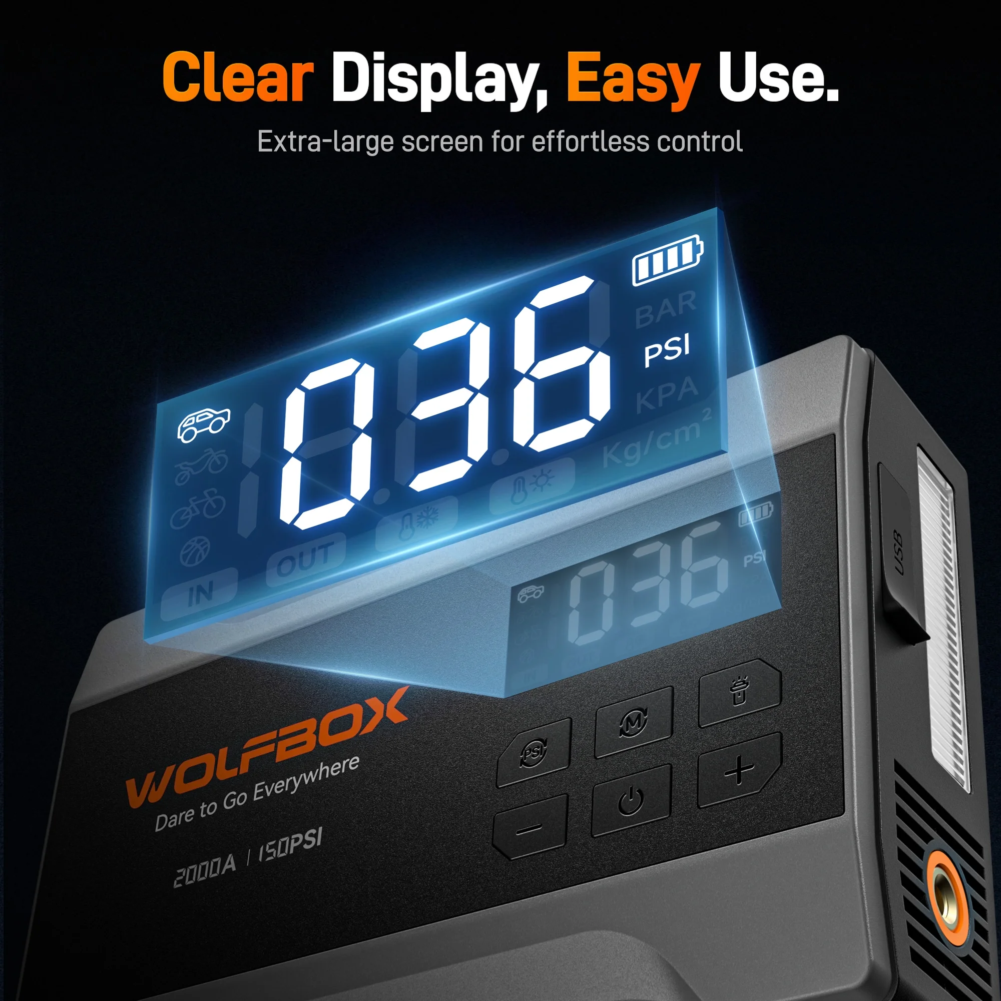 Car Jump Starter with Air Compressor, 2000A 150PSI Portable Car Battery Jump Box(5.0L Gas) with Digital Tire Inflator, 12V