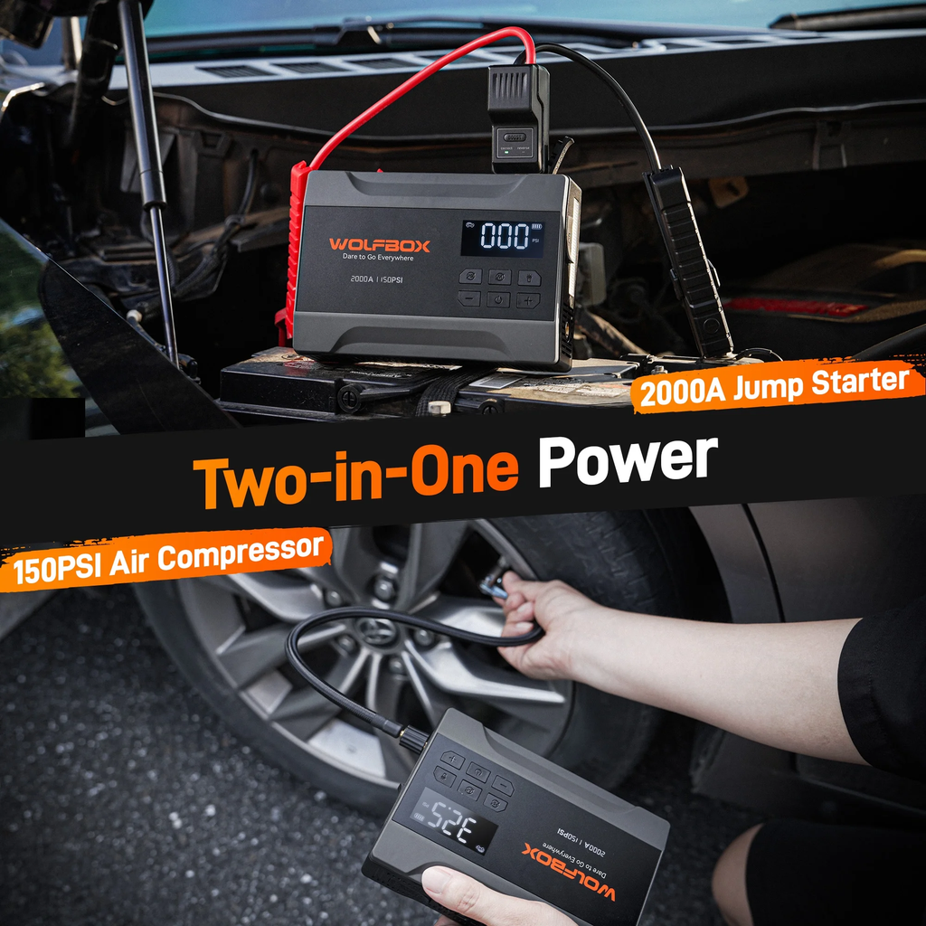 Car Jump Starter with Air Compressor, 2000A 150PSI Portable Car Battery Jump Box(5.0L Gas) with Digital Tire Inflator, 12V