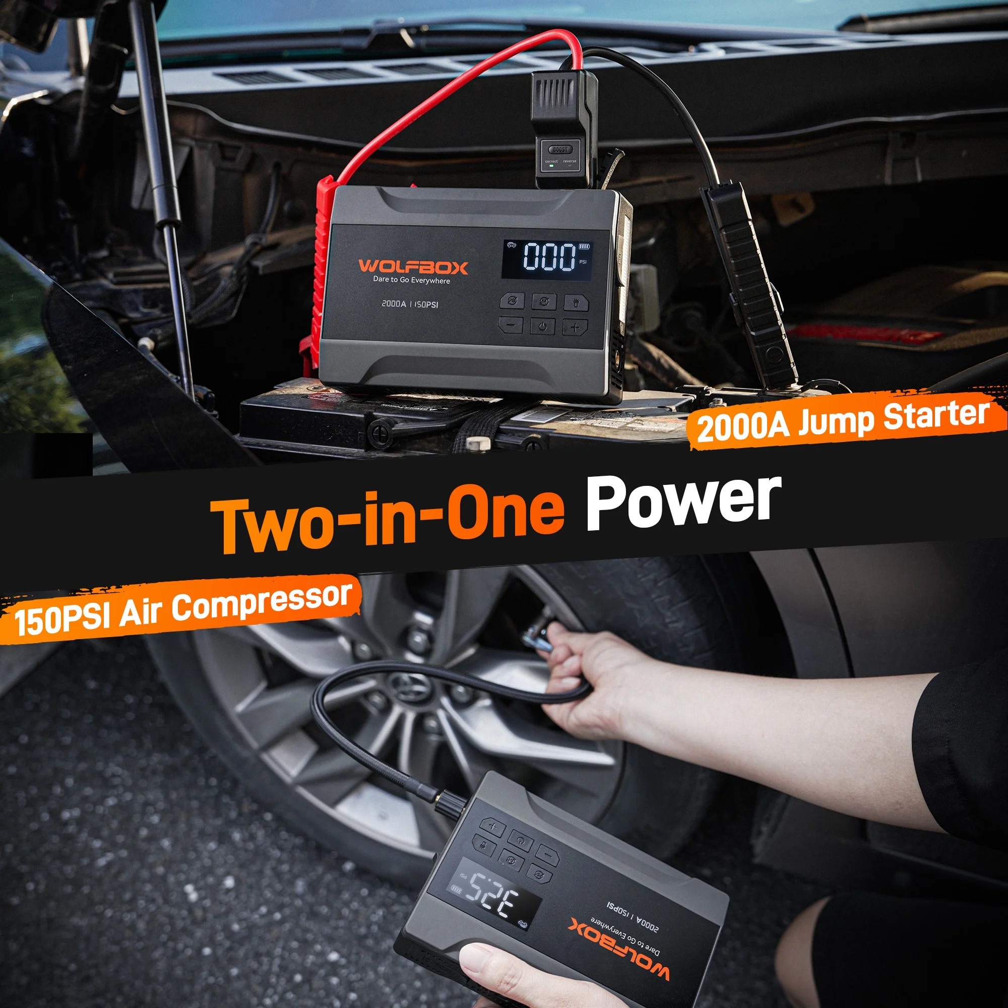 Car Jump Starter with Air Compressor, 2000A 150PSI Portable Car Battery Jump Box(5.0L Gas) with Digital Tire Inflator, 12V