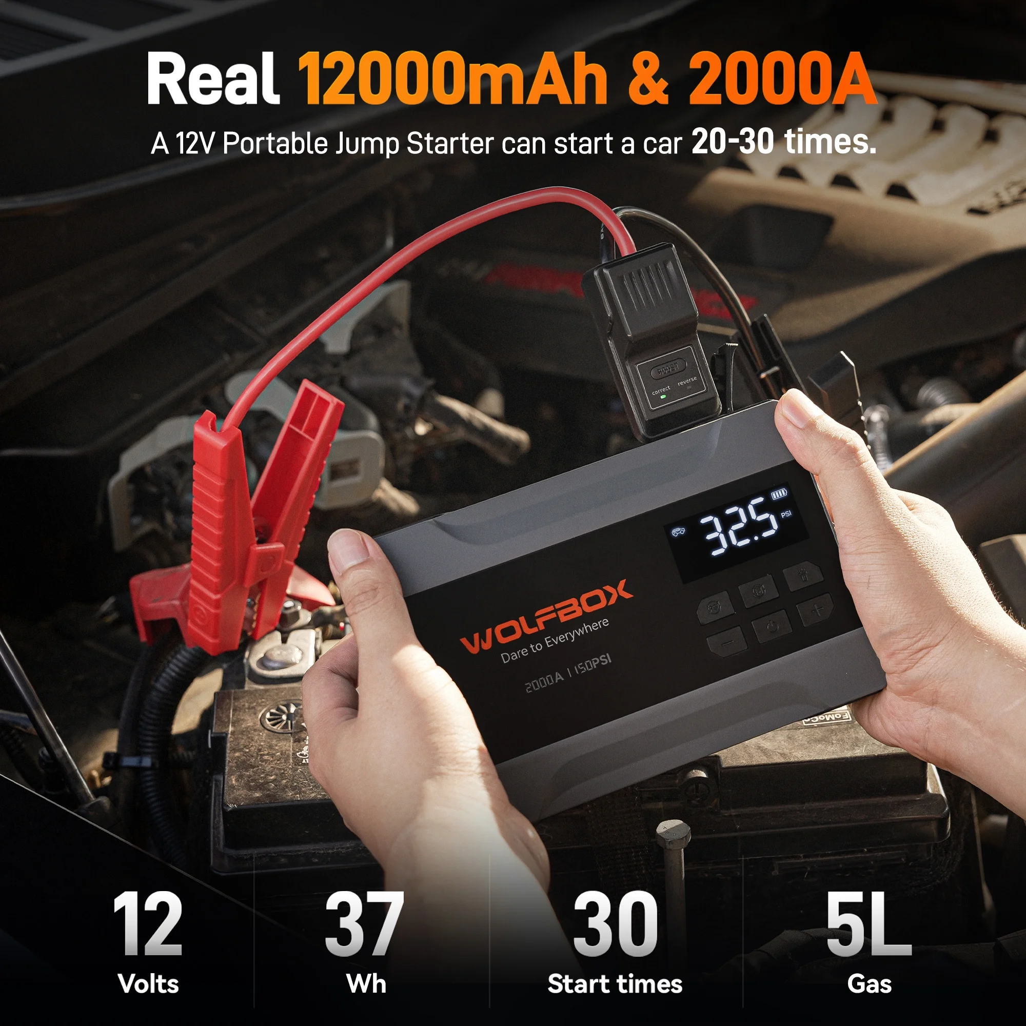 Car Jump Starter with Air Compressor, 2000A 150PSI Portable Car Battery Jump Box(5.0L Gas) with Digital Tire Inflator, 12V